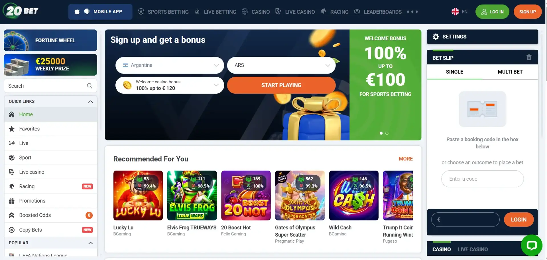 20Bets casino homepage