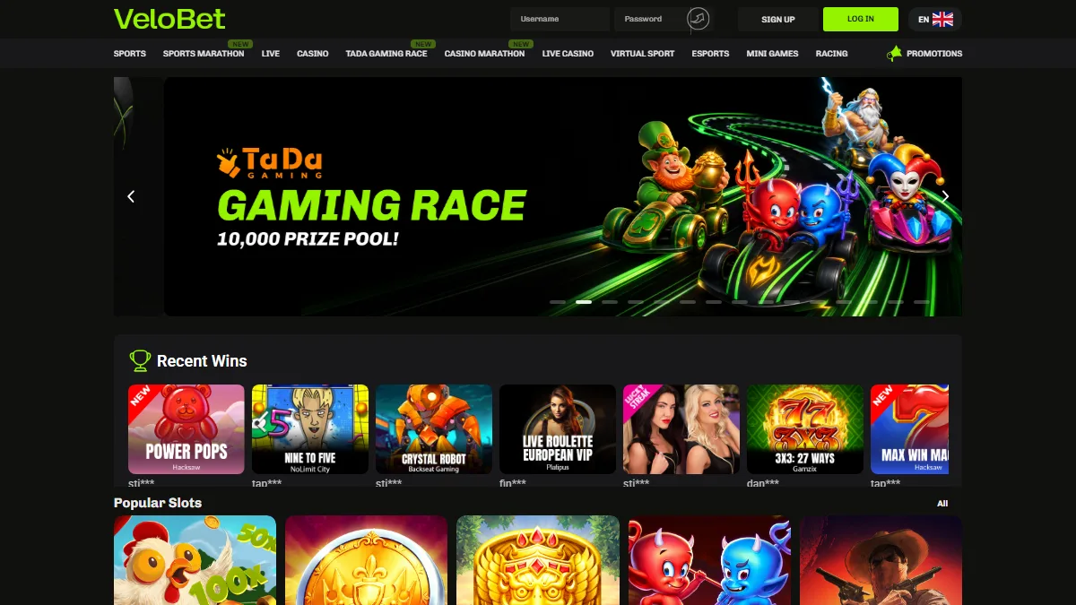 VeloBet casino homepage