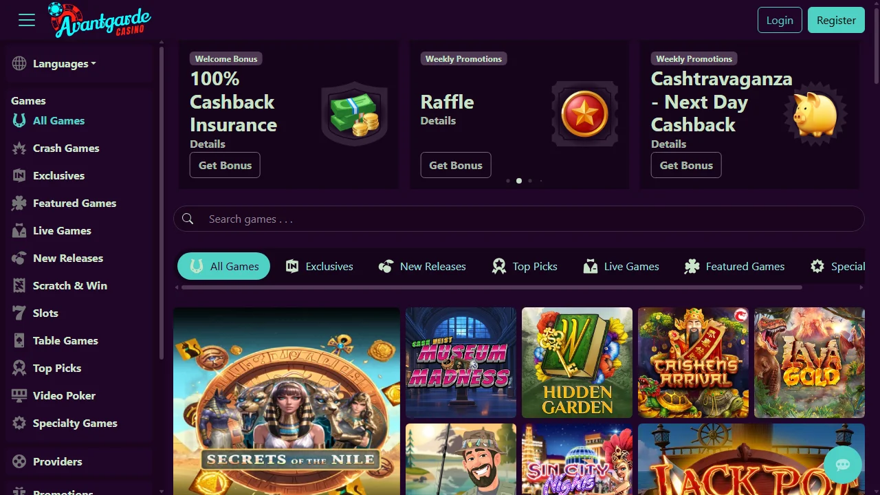 Avantgarde Casino homepage
