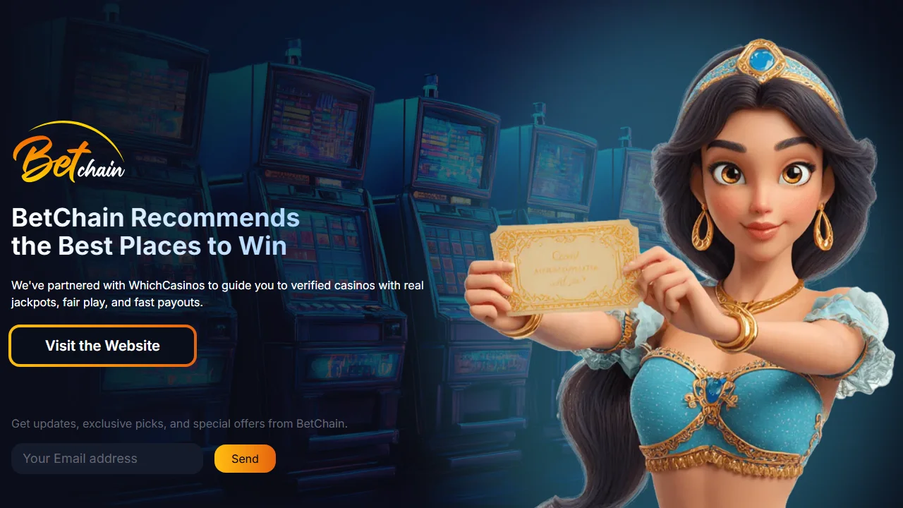 BetChain landing page reference linking to WhichCasinos, with an email update form and no visible casino lobby