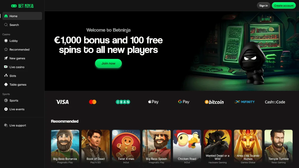 BetNinja reference homepage with a dark theme and sidebar links for casino categories and sports