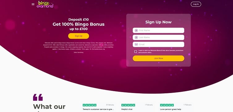 Historical Bingo Diamond welcome page with a purple banner and a registration form beside the offer