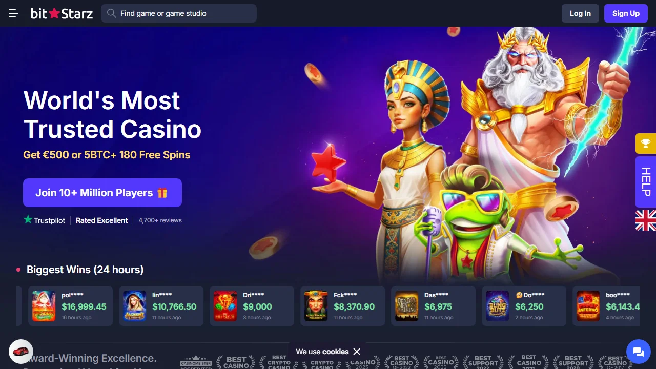 BitStarz homepage reference with game search, Log In and Sign Up controls above a purple casino banner