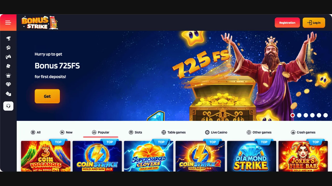 Bonus Strike reference homepage with an icon sidebar and a pale game-category strip