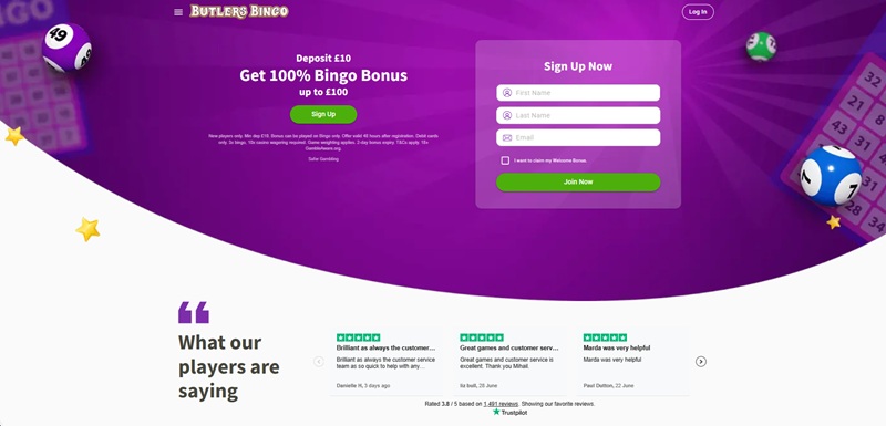 Butlers Bingo reference welcome page with purple bingo artwork, green registration controls and a review strip