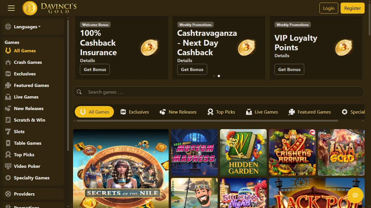 Da Vinci’s Gold casino homepage