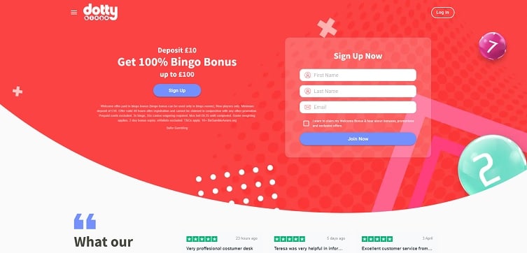Historical Dotty Bingo welcome page with a coral background, bingo balls and a registration form