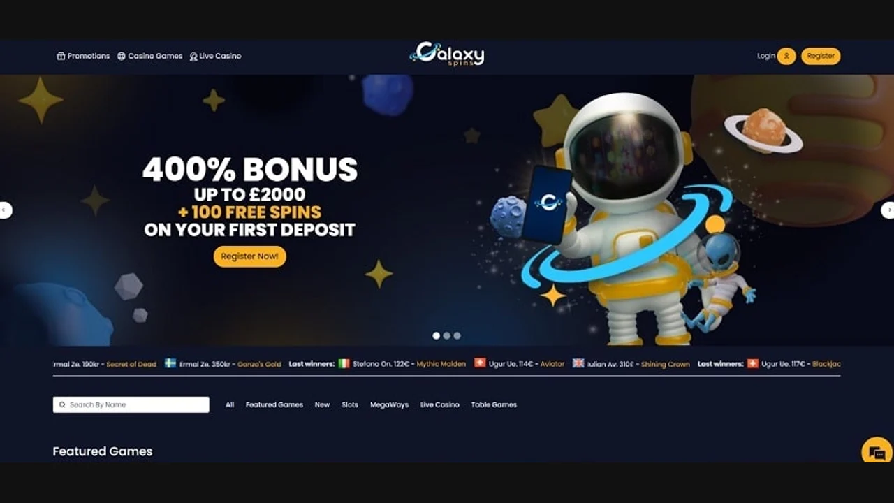 Galaxy Spins reference homepage with an astronaut banner, dark background and game search