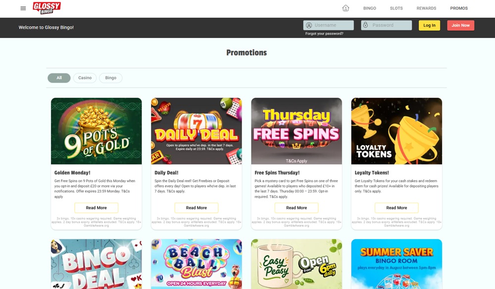Glossy Bingo promotions-page reference with Bingo and Slots navigation and separate promotional cards