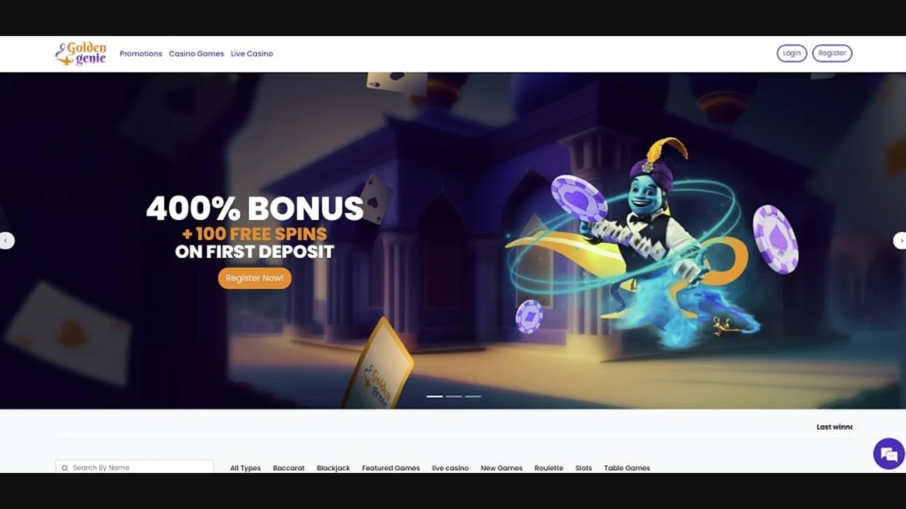 Golden Genie reference homepage with a blue genie, white navigation bar and casino categories