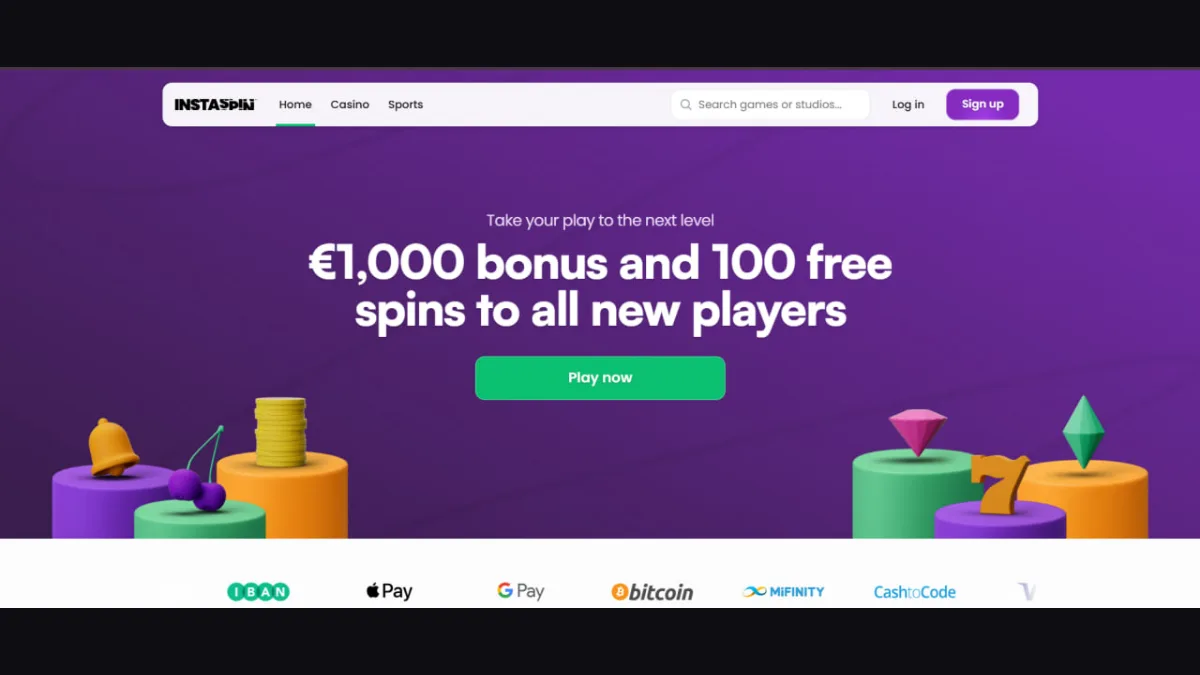 InstaSpin reference homepage with a purple background, short top menu and prominent game search