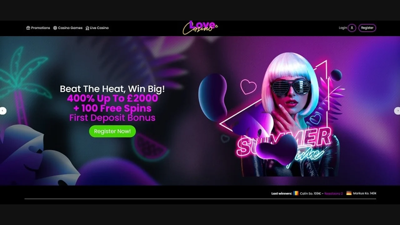 Love Casino reference homepage with neon purple artwork and a black navigation bar