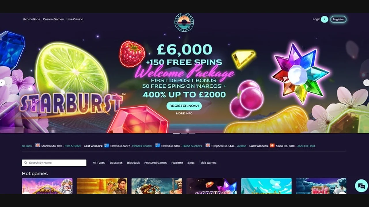 Ocean Breeze Casino reference homepage with colourful game artwork, search and game categories
