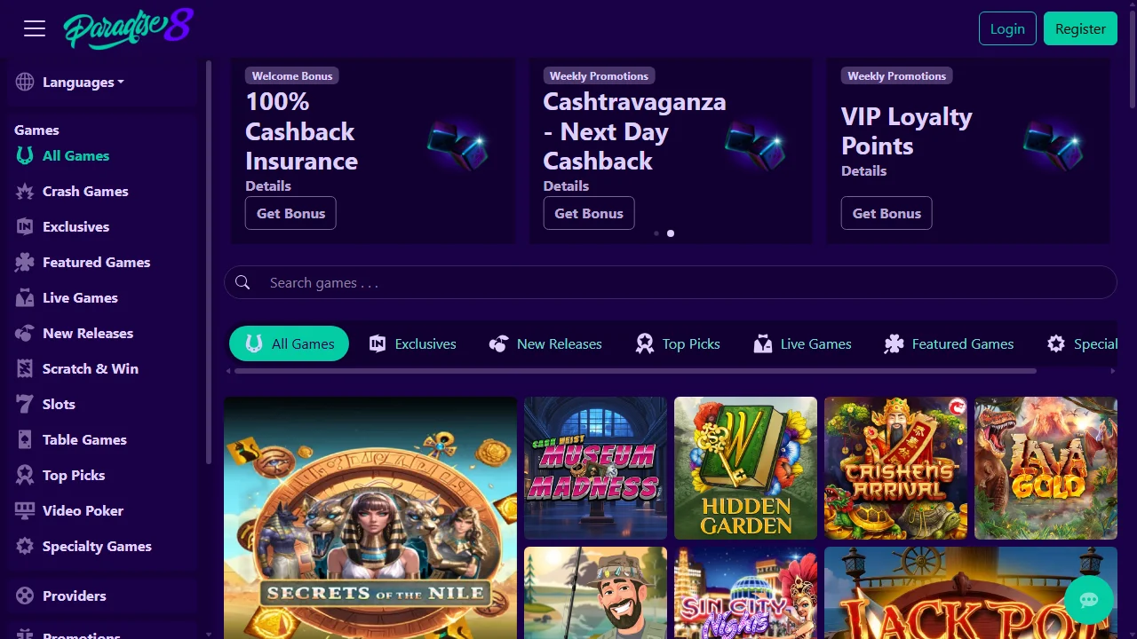 Paradise 8 casino homepage