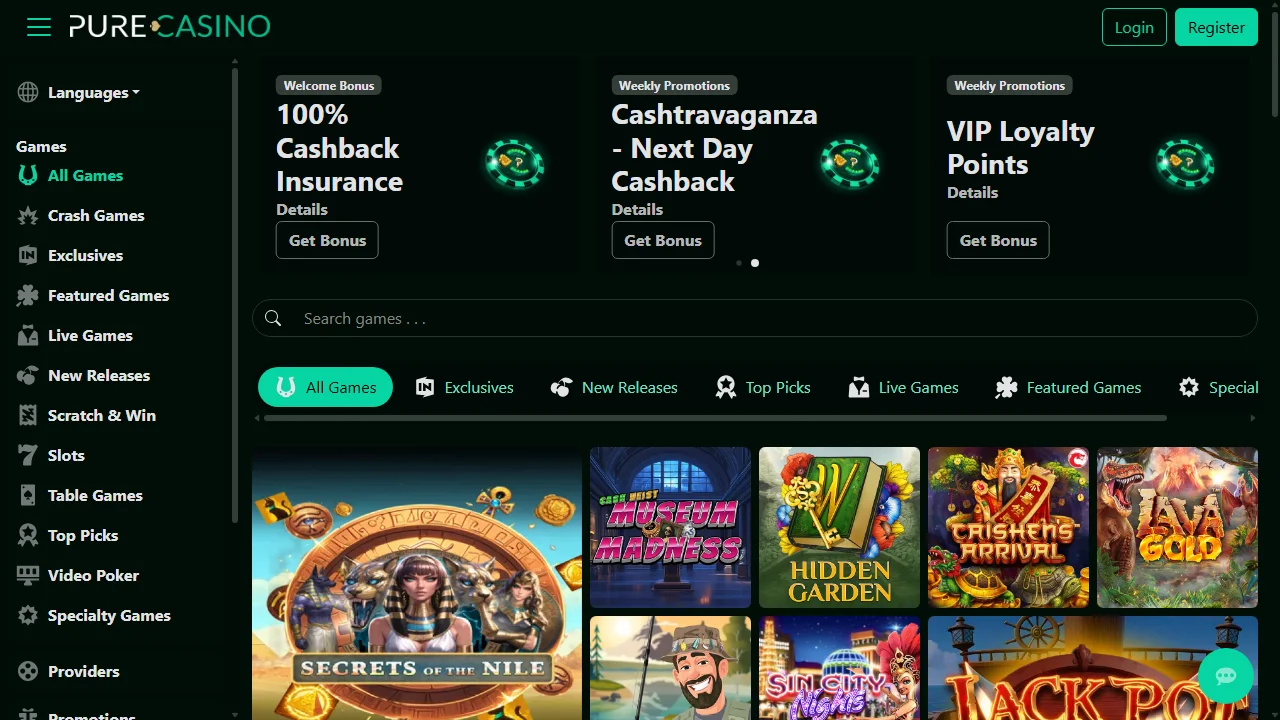 Pure Casino homepage