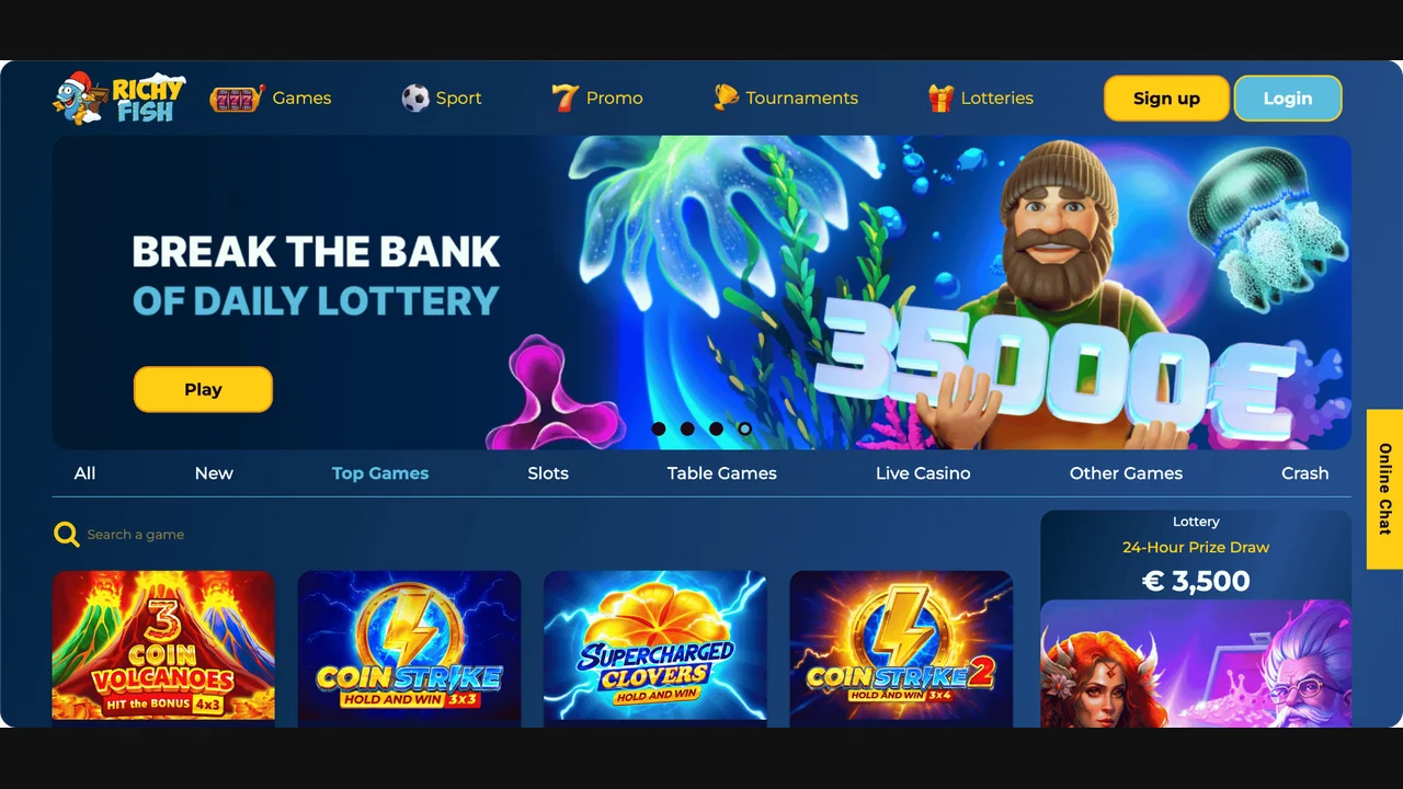 Richy Fish reference homepage with blue aquatic artwork and labelled top navigation