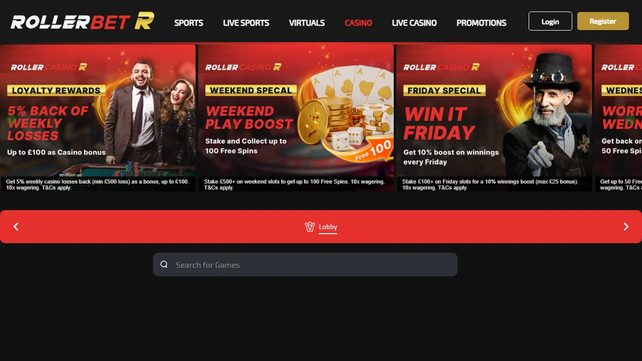 RollerBet Casino reference with the Casino tab highlighted in red, promotion panels, a Lobby bar and a game-search field