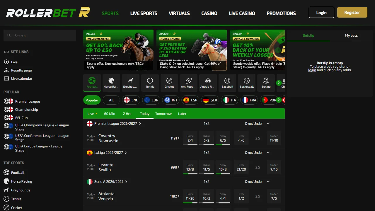 RollerBet Sports reference showing sport and competition filters, event rows and an empty betslip beneath the shared brand header