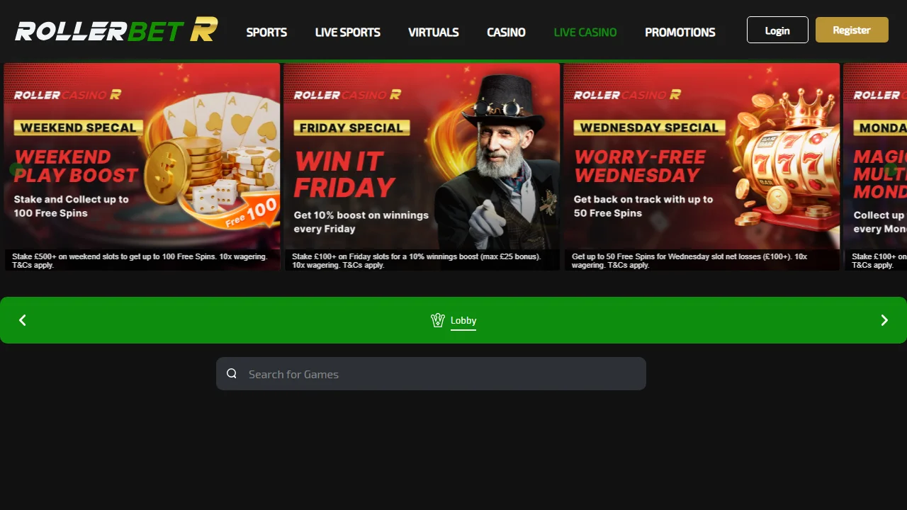 RollerBet Live Casino reference with the Live Casino tab highlighted in green and a green Lobby bar beneath casino promotion panels