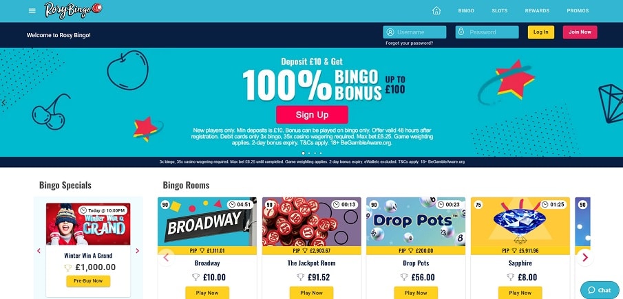 Historical Rosy Bingo homepage with a turquoise banner and visible bingo-room cards showing formats and session information