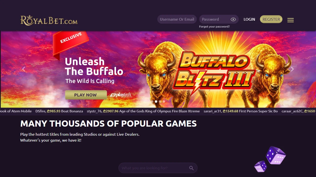 Royal Bet homepage with purple and gold branding and casino navigation