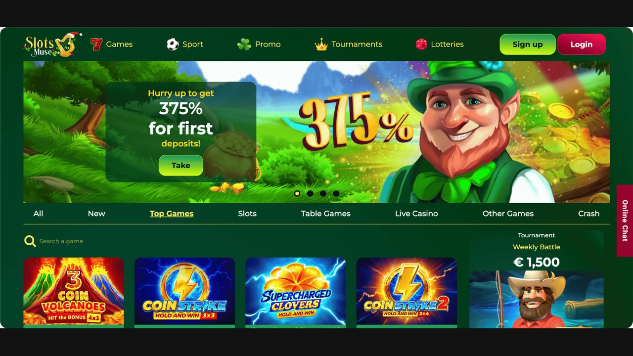 Slots Muse reference homepage with green branding, labelled top navigation and game search
