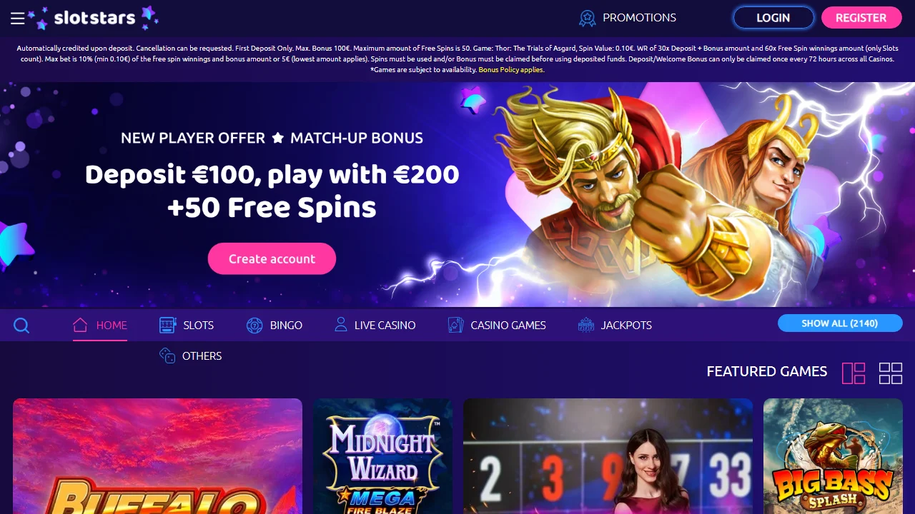 Slotstars casino homepage showing its branding and game categories