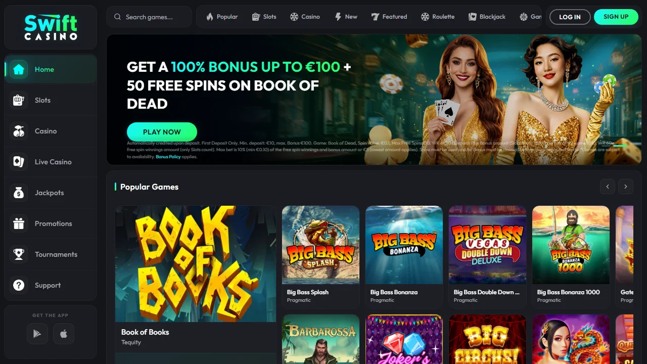 Swift Casino homepage with a side menu and rows of casino games