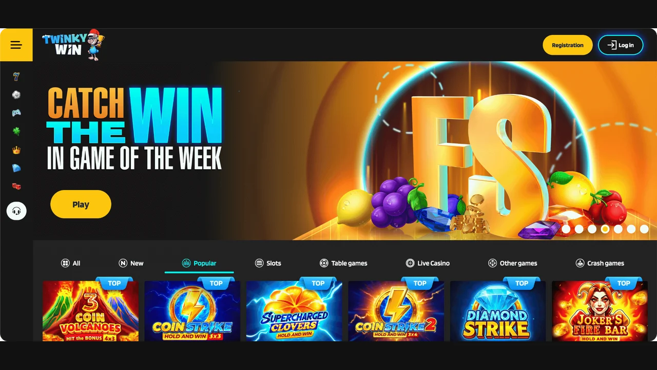 Twinky Win reference homepage with yellow and turquoise accents and a left icon menu