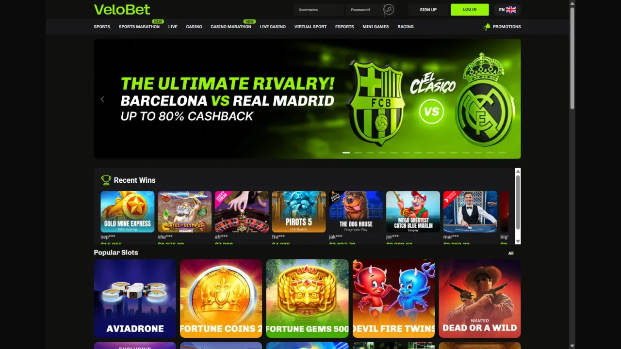 VeloBet public sports and casino navigation